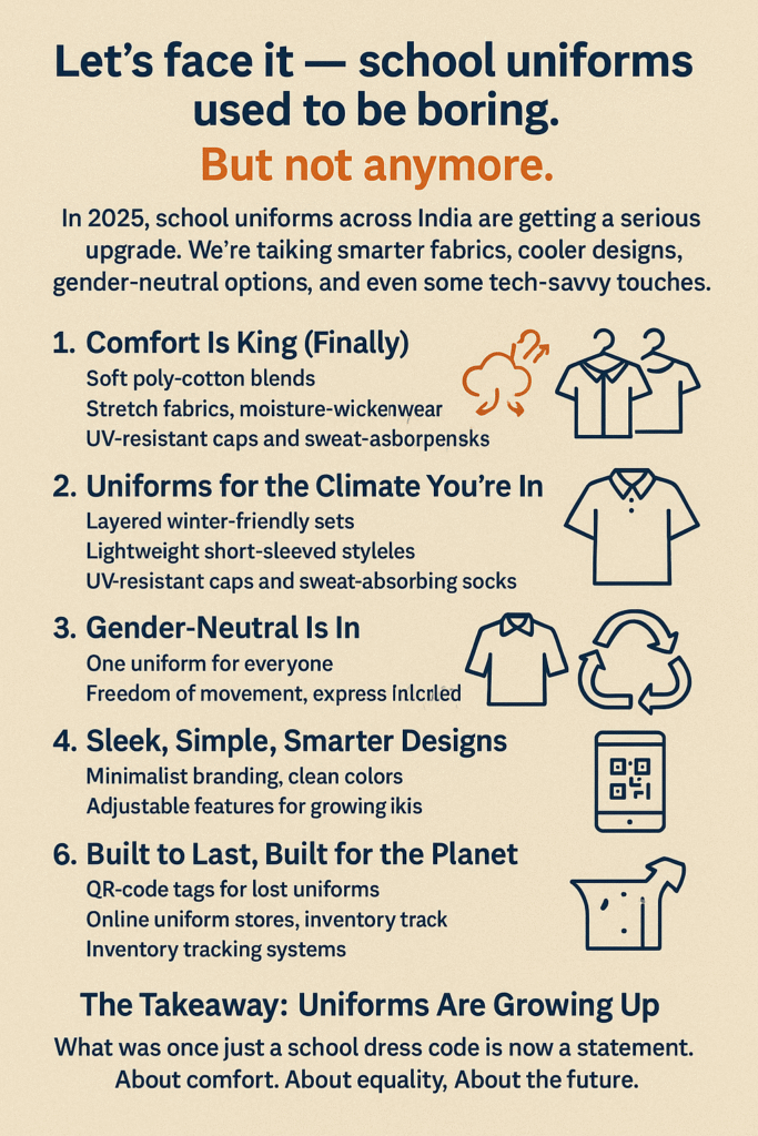 Infographic titled 'School Uniform Trends in India: What’s Changing in 2025' with sections on comfort-focused fabrics, climate-specific designs, gender-neutral options, minimalist styles, sustainable materials, and tech integration like QR codes.