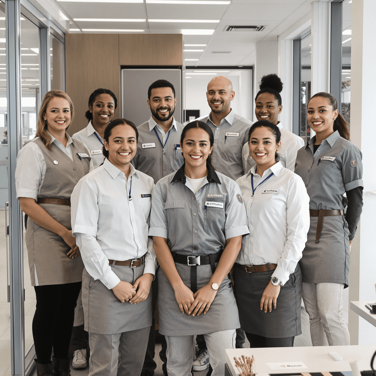 A group of professionals in matching uniforms standing together and smiling confidently in a bright office, symbolizing team unity and strong culture.