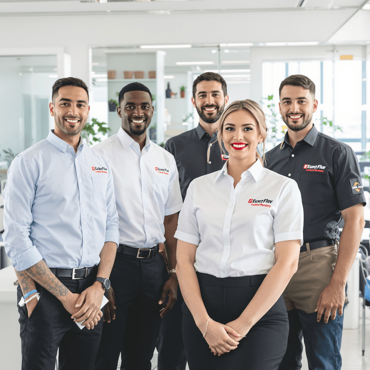 A group of professionals in modern uniforms standing together in a bright, clean office, representing brand identity, unity, and trust.