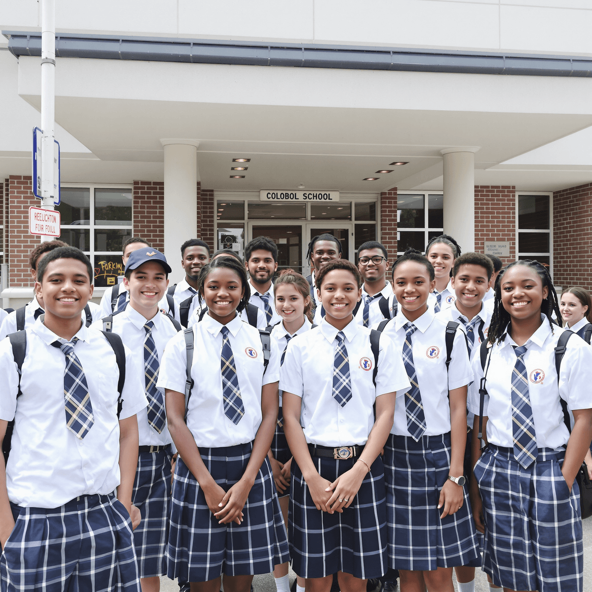 Smiling middle school students in matching uniforms standing together outside a modern school, symbolizing unity and a positive learning environment.